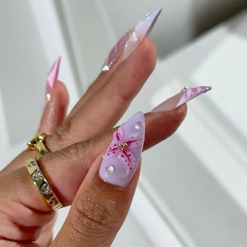 Flower Purple Pink Press on Nails Almond Medium 3D Embossed Flower Fake Nails with Flower Design Floral False Nail Acrylic Spring Summer Stick on Nail for Women 24Pcs - color: purple pink flower