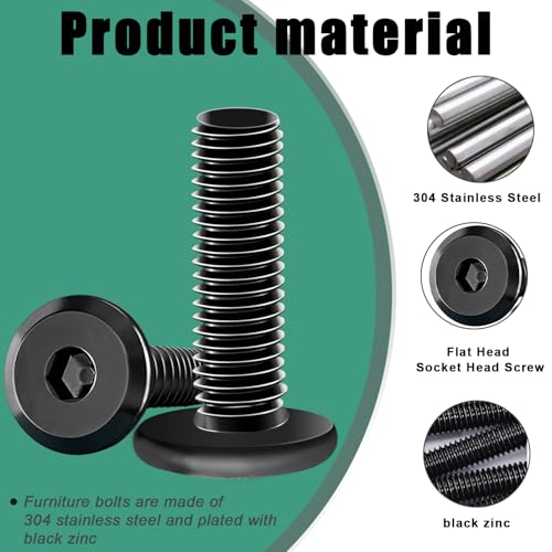 Taiss 30pcs M6 x 15mm Flat Head Socket Head Screw Furniture Bolts,Furniture Screws Stainless Steel 18-8(304),M6 Bolts Black Zinc Plated Fully Threaded,Countersunk Connector M6 Screws with Hex Spanner - size: 30PCS M6x15mm