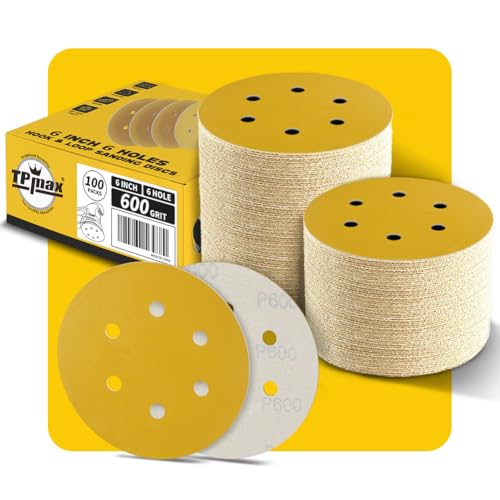 100PCS 6 Inch 600 Grit 150mm 6 Hole Sanding Discs Sandpaper - Premium Gold Round Hook and Loop for Random Orbital Sander - Ideal for Wood, Metal, Automotive - style: 600 Grit - 100 Pack