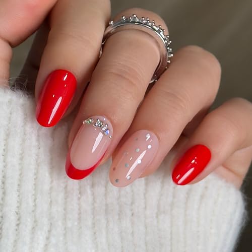 CurvLife Medium Almond Polka French Tip Press On Nails, Red Nude Rhinestone - color: Polka Dot Red French Nails with Rhinestone Accents