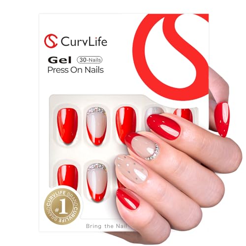 CurvLife Medium Almond Polka French Tip Press On Nails, Red Nude Rhinestone - color: Polka Dot Red French Nails with Rhinestone Accents
