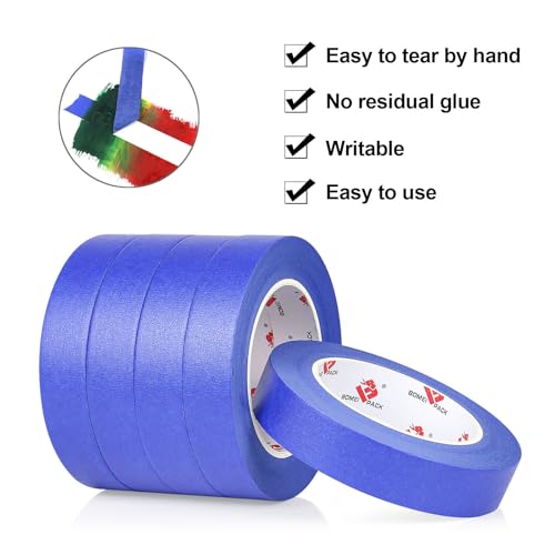 BOMEI PACK Blue Painters Tape 1 Inch Bulk - Paint Tape 5 Rolls x 1 Inch x 55 Yards - Blue Masking Tape for Walls Painting, DIY Crafting, and School Projects, Total 275 Yards - color: Blue