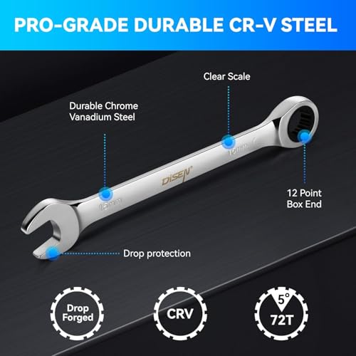 DISEN 10Pcs Ratcheting Wrench Set SAE & Metric Ratchet Wrench Set with Rack Organizer, Premium CR-v Steel, 12 Point, 72 Teeth,Box End and Open End Ratcheting Wrench Set,Metric 10-15mm&SAE 3/8''-5/8'' - size: 10pcs metric & sae set