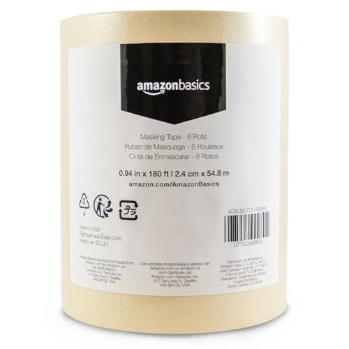 Amazon Basics Masking Tape for Light Duty Applications, Labeling, Easy Removal, Tears by Hand, 0.94" x 180', Beige, 6 Rolls - size: 0.94 Inch by 180 Feet