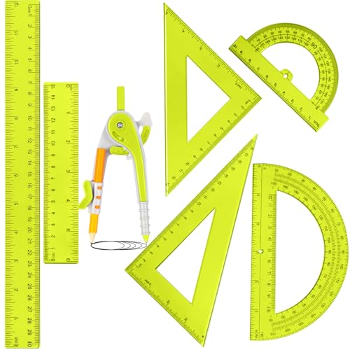 Zonon 7 Pcs Geometry Math Set with Compass Protractor Rulers, Yellow - color: Yellow