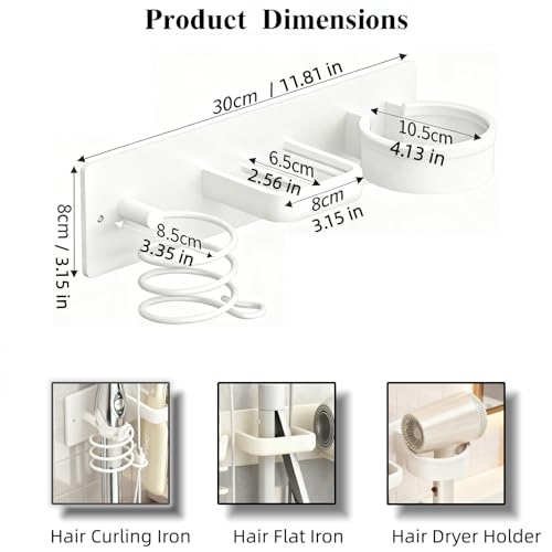 Hair Dryer Holder Wall Mounted Blow Dryer Holder Curling Iron Holder Straightener Holder 3 in 1 Bathroom Metal Hair Tool Organizer Rack（White） - color: White