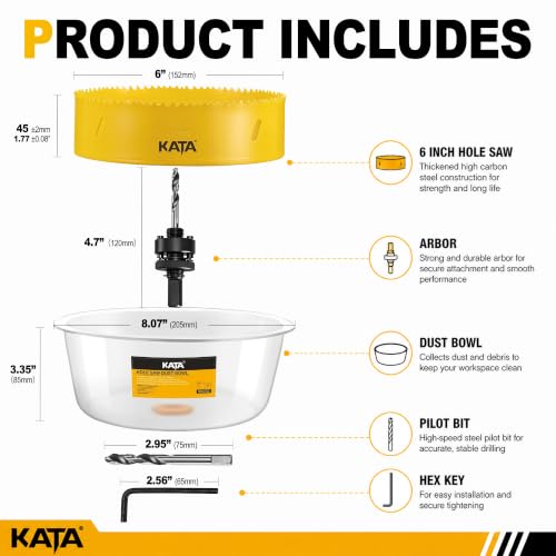 KATA 6 Inch Hole Saw for Recessed Lights with Silicone Dust Bowl Catcher | Smooth One-Piece Bowl Helps Make Cleaner Ceiling Openings for Recessed Lighting, Led Can Lights, Speakers, Drywall, Soft Wood - color: 6 Inch
