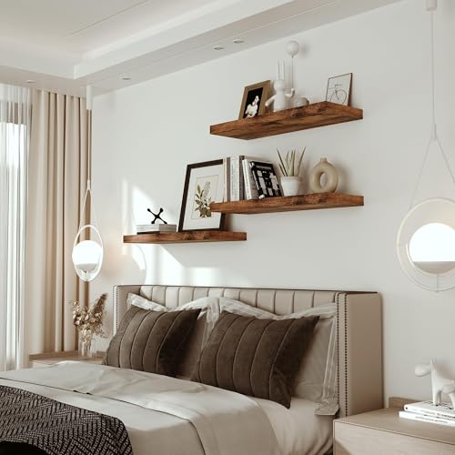Vivelove Deep Floating Shelves for Wall 24 inches Set of 2, Rustic Brown - color: Rustic Brown, size: 24”wx9.1”dx1.6”h