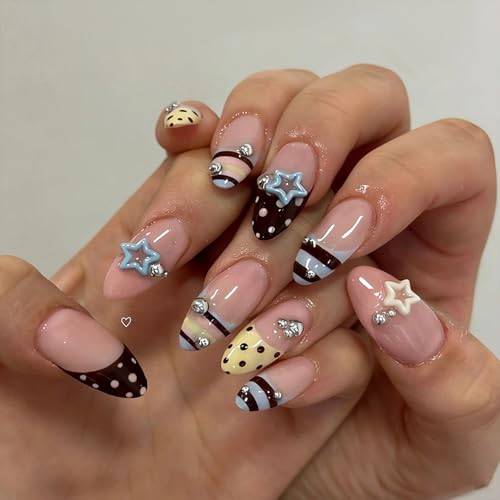 Medium Almond Press On Nails with French Tip Y2K Star Polka Dot Stripe - color: Style17