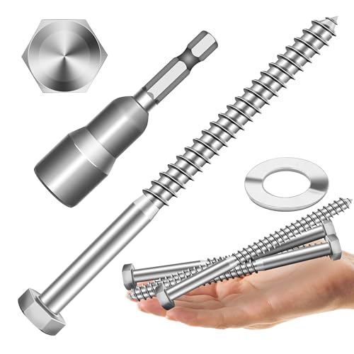 (4Sets) 1/2" x 6" Hex Head Lag Bolts, Heavy Duty Lag Screws with Washers, 304 Stainless Steel Bolts 18-8, Lag Screws Wood Screws, Partial Thread Bright Finish, 1/2 Bolt by Mywish - size: 1/2 x 6" (4 set)