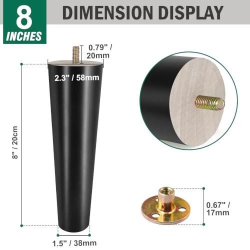 FoDau770 Rubber Wood Legs 8", Straight Taper, 5/16"-18 Thread, Black, 4pcs | Wood Couch legs - Mid Century Sofa Legs - Furniture legs Replacement for Cabinet Dresser Chair Ottoman - color: Black, size: 8 Inch - Straight (90°)