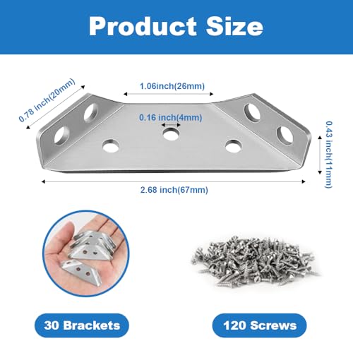 30 Pack Stainless Steel Corner Braces Heavy Duty L Brackets for Wood,Universal Furniture Corner Connectors for Shelves,Tables, Cabinets, Drawer, Chair,Metal Angle Corner Brackets with Screws