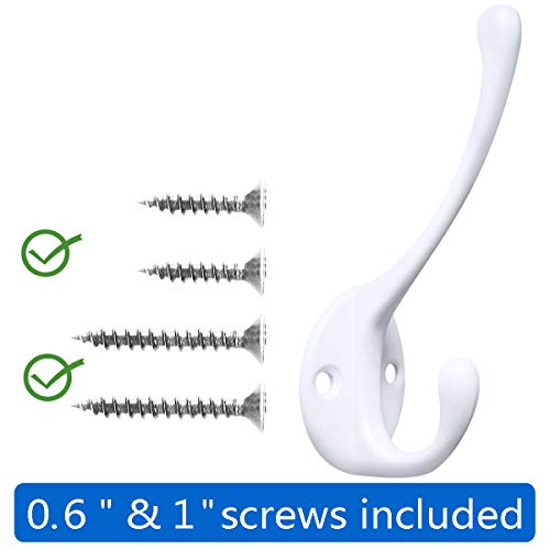 10 Pack Heavy Duty Dual Coat Hooks Wall Mounted with 20 Screws Retro Double Hooks Utility Black Hooks for Coat, Scarf, Bag, Towel, Key, Cap, Cup, Hat (White) - color: White