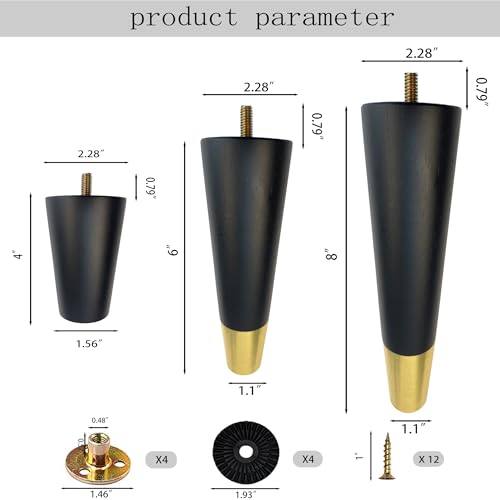 Round Solid Matte Black Rubberwood Replacement Couch Legs (6-Inch Set of 4) - color: Black, size: 6 Inches