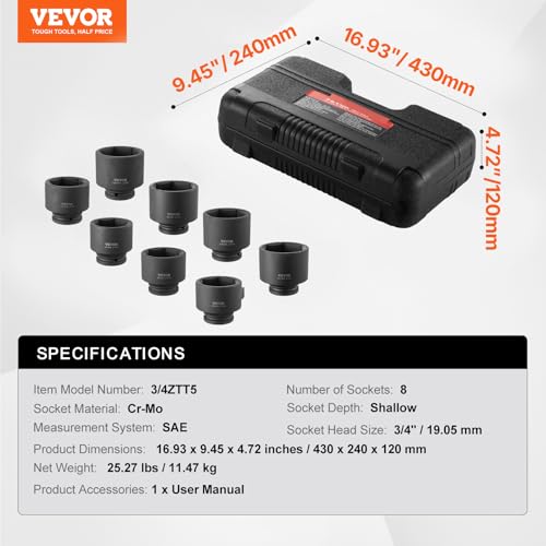 VEVOR Axle Nut Impact Socket Set - 3/4" Drive 6-Point 8-Piece SAE Spindle Nut Socket CR-MO Heat Treated Large Socket Set with Storage Case for Auto Repair, Removing or Installing Axle Nuts - size: 3/4" 8 PCS CR-MO