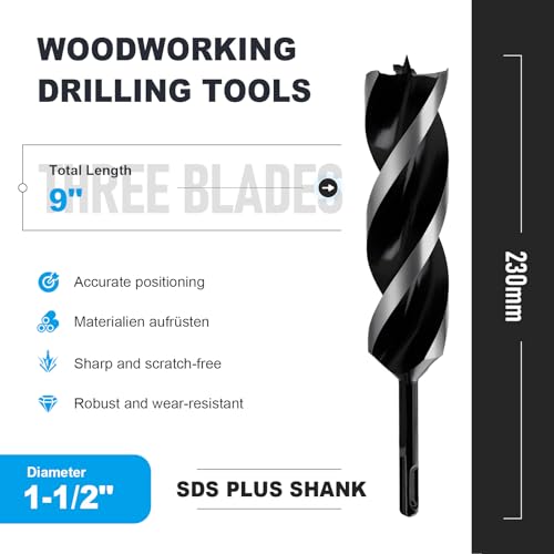 1-1/2" x 9" Auger Drill Bit with SDS Plus Shank for Wood - size: 1-1/2"x9"