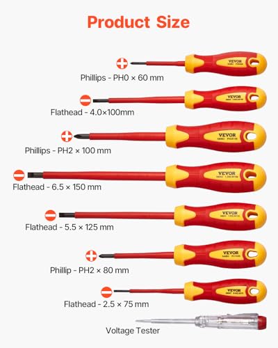 VEVOR Insulated Screwdriver Set, 12-Piece Professional Electrical Screwdriver Set, 1000V Insulated Electrician Tool Set, with Magnetic Phillips Slotted Tips, Insulated Pliers, and Diagonal Pliers - style: 12pcs