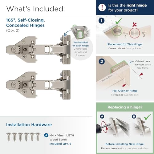 Amerock 1 Pair 165 Degree Full Overlay Lazy Susan Self-Close Cabinet Hinge - size: 165 Degree Face Frame, style: Self-Close