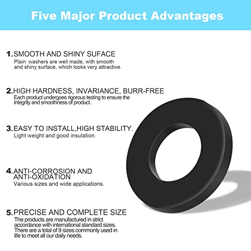 1200 Pcs Nylon Flat Washers for Screws Bolts, Black Plastic Washers, Premium Fender Washers Assortment Set, (9 Sizes-M2 M2.5 M3 M4 M5 M6 M8 M10 M12) for Household & Commercial YLYL - color: Black Nylon, size: 1200 Pcs