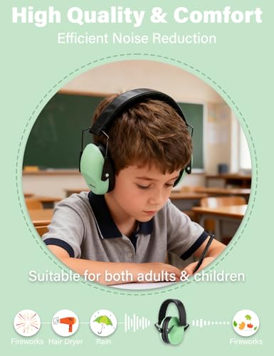 Kids Noise Canceling Earmuffs, 25-30dB Noise Reduction Ear Protection, Adjustable Headband Concert Fireworks, Autism - color: Green