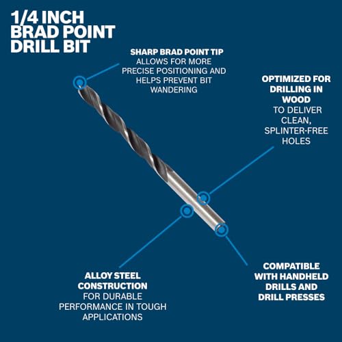 BOSCH BP14603 1/4 in. Brad Point Bit - Precise Starts, Clean Holes, Accurate Wood Drilling, Handheld Drill/Drill Press Compatible - size: 1/4" DIAMETER