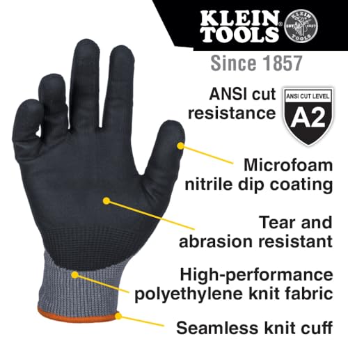 KLEIN TOOLS 60586 Work Gloves, Knit Dipped Cut Resistant ANSI A2 Nitrile Coated Gloves, HPPE Fabric, Touchscreen Capable, X- Large, 2-Pair - size: X-Large