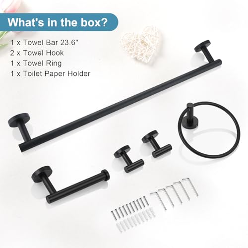 TQKAG Matte Black Bathroom Hardware Set 5 Pieces, SUS304 Stainless Steel Towel Bar Set Round Bathroom Towel Rack Set Wall Mounted - color: Matte Black, size: 5-Pieces Set