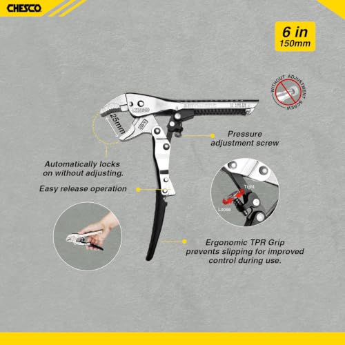 CHESCO 6" & 10" Curved Jaw 4th Gen Self-Adjusting Locking Pliers, One-Hand Auto-Lock Design, Heavy-Duty Cr-V Steel Professional Hand Tool for Automotive, Plumbing & DIY (2-Piece) - size: 6 Inch & 10 Inch