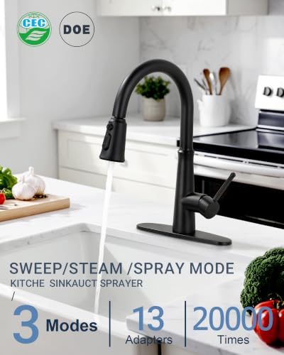 Kitchen Faucet Head Replacement – 304 Stainless Steel 3-Mode Pull Down Spray Head with 13 Adapters, Compatible with Moen Delta Kohler American Standard, Easy DIY Install, Matte Black - color: Matte Black