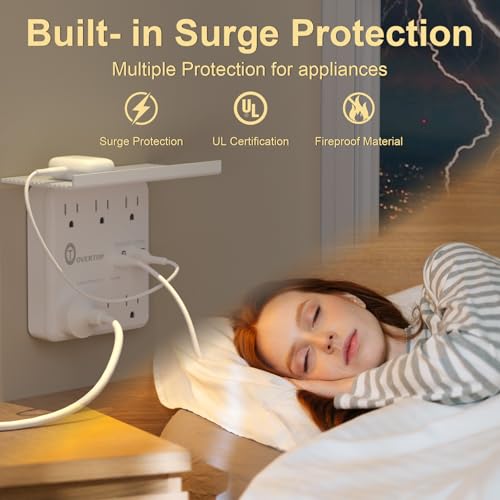 Overtop Power Charger with Shelf,Wall Outlet Extender,Surge Protector 1800J - color: Off White-6AC