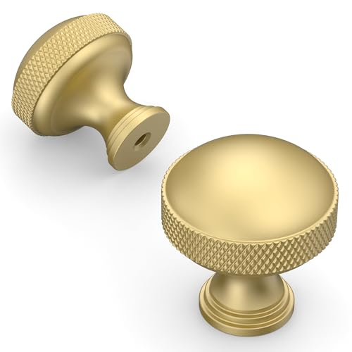 Amerdeco 10 Pack Brushed Gold knurled Cabinet Knobs | Single Hole Cabinet Pulls 1.18 Inch (30MM) Diameter Round Drawer Knobs and Pulls for Bathroom Cabinets ZH0072 - color: Brushed Gold, size: Knob