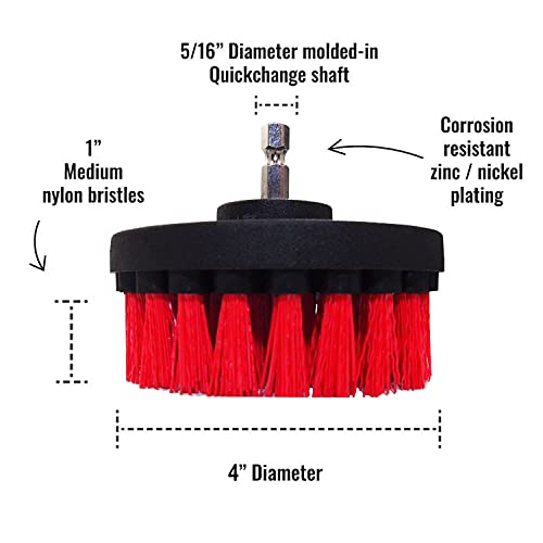 Premium Drill Brush Professional – Stiff 5-Piece Set (5/4/3.5/2 in Brushes + 6 in Extension) | Scratch-Free Heavy-Duty Outdoor Cleaning for Patio, Decking, Garden Tools and Stone Surfaces - color: Red