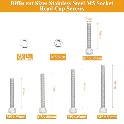 95 Pieces M5 x 30/35/40/45/50mm Hex Socket Head Cap Screws Nuts Washers Set Silver, Sutemribor M5 Long Screws, M5 Stainless Screws Nuts Washers Assortment Kit, 304 Stainless Steel, Fully Threaded - size: M5 Long Screws Kit, style: Socket Head