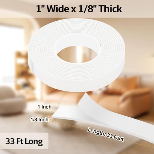 1 in Wide x 1/8 in Thick x 33FT Foam Weather Stripping Door Seal,Window Sealing Tape，Single-Sided Self-Adhesive Insulation Sealing Strip White - color: White, size: 1 IN x 1/8 IN x 33FT