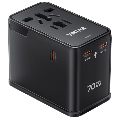 VINTAR Universal Travel Adapter 70W GaN, 5-in-1 with 3USB-C PD & 1USB-A QC - color: 70W Black1