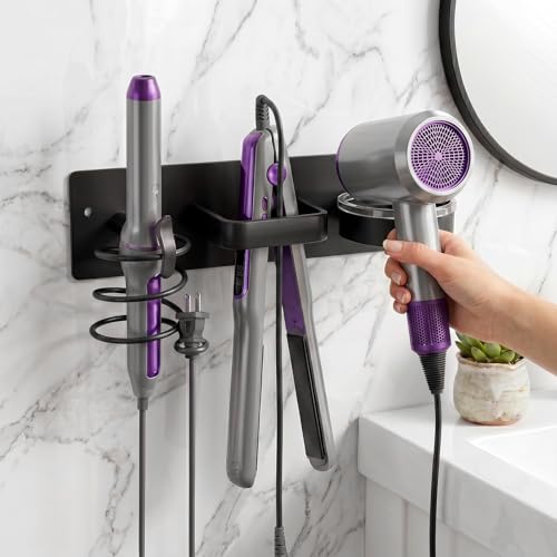 Blow Dryer Holder Wall Mounted – 3-in-1 Hair Tool Organizer Wall Mount, Curling Iron & Flat Iron Storage Rack | No-Drill or Screw-In | Fits Most Styling Tools | Space-Saving Bathroom Organizer - style: Black Circle style