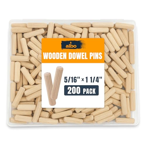 ALBO Wooden Dowel Pins 5/16 x 1 1/4 inch Fluted Wood Dowels Rods 200 Pack Hardwood Crafts Dowel Pegs - size: 5/16" x 1 1/4"- 200Pcs