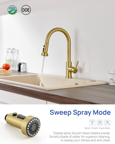 J-HVA Pull Down Kitchen Faucet Sprayer Head Replacement Part, Brushed Gold | 3 Function with 15 Adapters Pull Out Sink Sprayer Replacement Nozzle, Kitchen Faucet Head Hose Spray Tap Spout - color: Brushed Gold