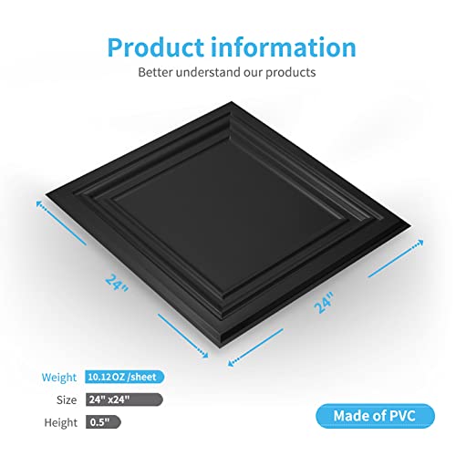 Art3d PVC Ceiling Tiles, 3D Plastic Sheet in Black, 2 x 2 ft, 12-Pack - color: Square Black, size: 24"x24"