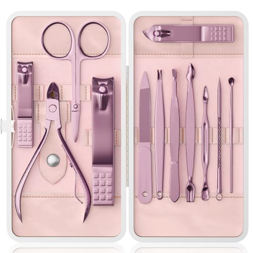 Manicure Set, Stainless Steel Nail Clipper Set with Travel Case - color: Rose Purple