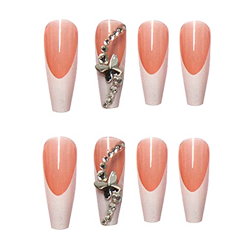 24Pcs Press on Nails Almond - Medium French Tip Fake Nails with Embossed Flower Designs, Glossy Finish Reusable False Nails with Glue Tabs - 24Pcs Nail Kit (White butterflies) - color: White butterflies