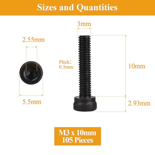 105 Pieces M3 x 10mm Socket Head Cap Screws, Thread Pitch 0.5mm, Sutemribor M3 Black Screws, 12.9 Grade Alloy Steel, Black Oxide Finish, Fully Threaded - size: M3 x 10mm, style: Socket Head