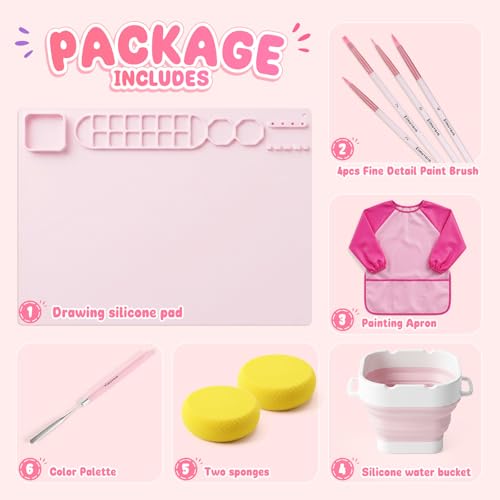 Zimuvora Silicone Painting Mat Set, Paint Mats for Kids with Foldable Silicone Cup, 4 Detail Paint Brushes, 2 Sponge Pads, Apron & Mixing Tool, Washable Art Table Mat (Pink) - color: Pink