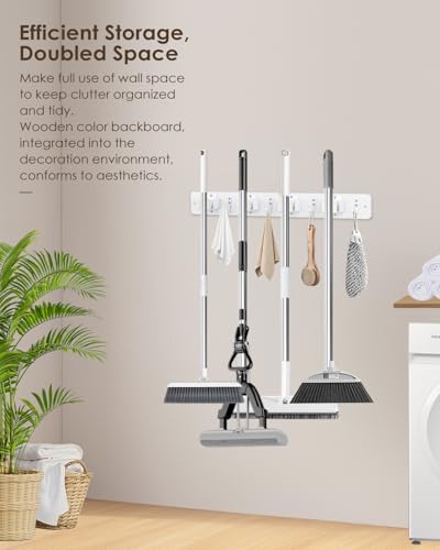 AceMining White Broom Holder Wall Mount, 4 Holders 4 Hooks Mop Holder - color: White, size: 1 Pack