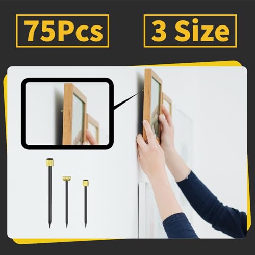 75PCS Picture Hanging Nails - 3 Sizes (Small/Medium/Large) Wall Decor Nails, Steel Pin & Brass Head Hardware for Hanging Picture Frames, Wall Art & Photos, with Plastic Storage Box (Black)