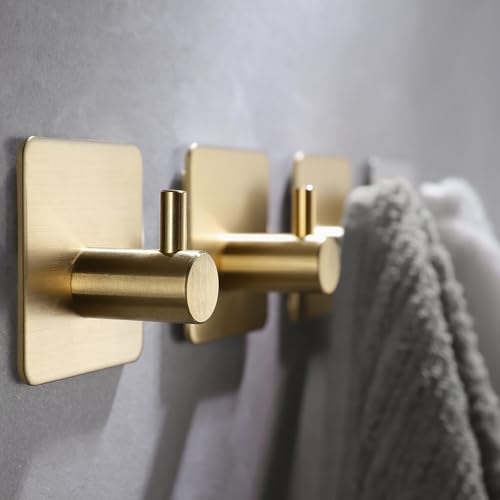YIGII Adhesive Hooks, 4 Pack Stainless Steel Towel Hooks Heavy Duty, Sticky Wall Hook for Hanging Robe, Coat, Clothes, Waterproof (Gold) - color: Brushed Gold