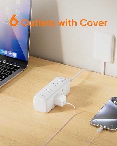 Olcorife Flat Extension Cord with Outlet Cover, Flat Plug Power Strip with 6 Outlets, 5 FT Cord Hidden Outlet Extender for Tight Spaces - size: 5 FT, style: 6AC(No USB)