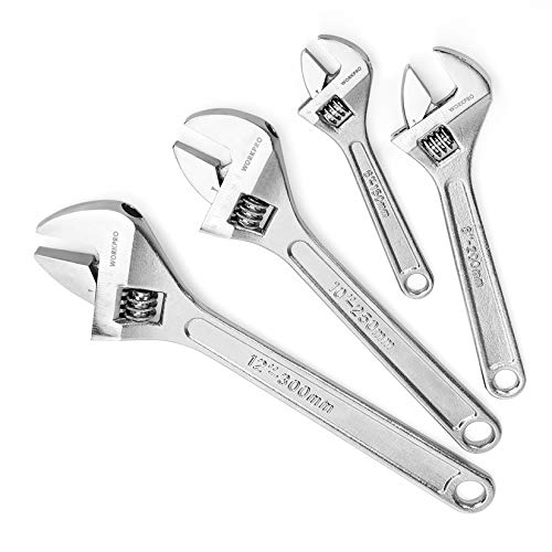 WORKPRO 4-Piece Adjustable Wrench Set, 6"-12", Carbon Steel, Chrome Plated - color: Silver, size: 6-inch, 8-inch, 10-inch, 12-inch