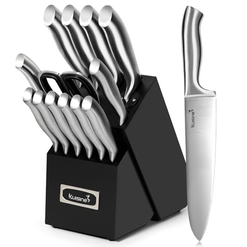 Kuisine Sharp Knife Set,One-piece Molding,Sharper Blade Ergonomic Non-slip Steel Handle,Block Knife Set Chef Knife Set with Built-in Sharpener(Black,15PCS) - color: ET Black