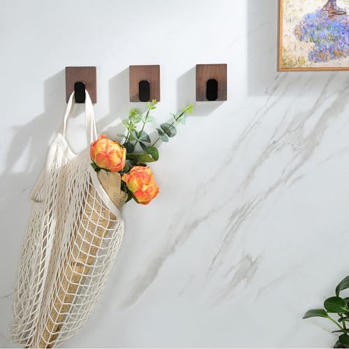 DELITON Adhesive Towel Hooks,Wall Hooks for bathrooms Without Drilling, Wood Wall Hooks for Hanging Robe, Towel, Bag Stick on Farmhouse Bathroom Bedroom Entryway 4 Packs Burned Brown - color: Dark Brown